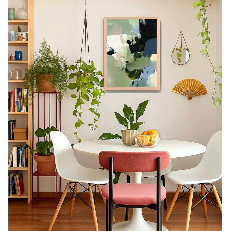 Cuadro Dormitorio Living Boho Abstracto Mossy Calm Verde Oak Marco Marrón Claro