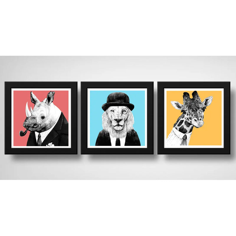 Set 3 Cuadros León Jirafa Rinoceronte Hispter Pop Art Decor