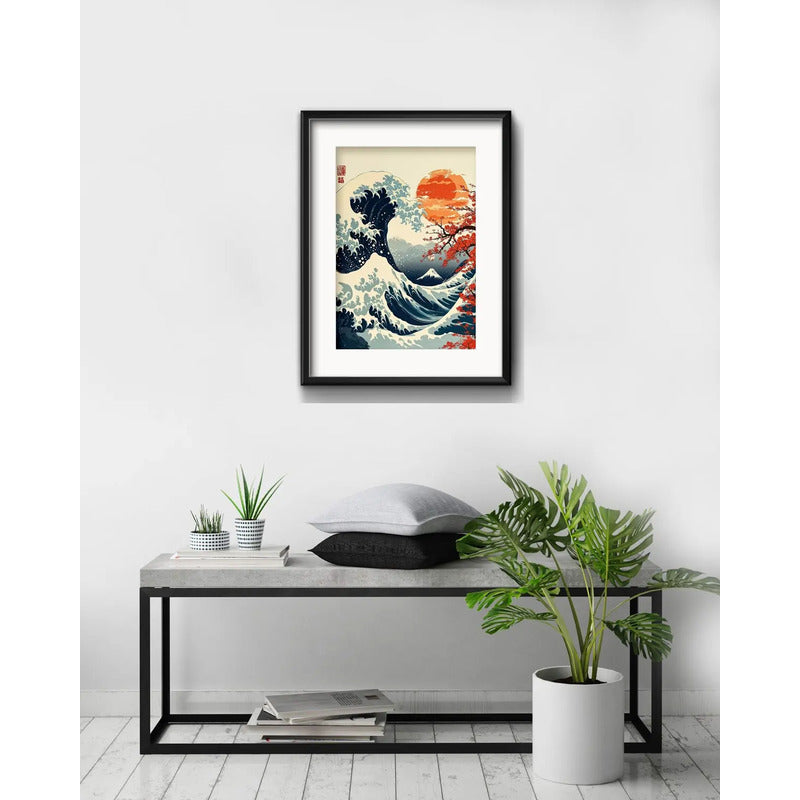 Cuadro Gran Ola Monte Fuji Arte Japonés 53x43cm Con Paspartú La Gran Ola Sakura Con Marco Negro