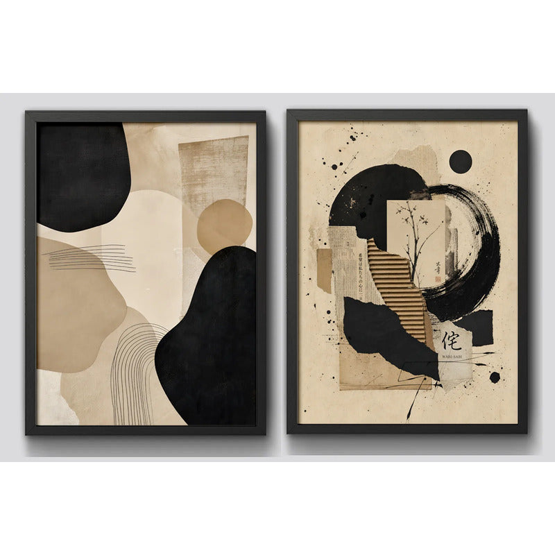 Set 2 Cuadros Living Boho Arte Abstracto Beige Crema 53x43cm Marco Negro