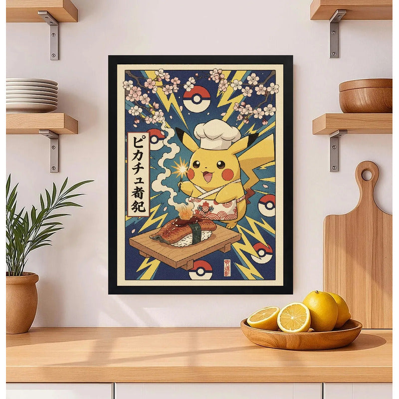 Cuadro Pikachu Chef Sushi Cocina Comida Japón Pokemon Anime Marco Negro