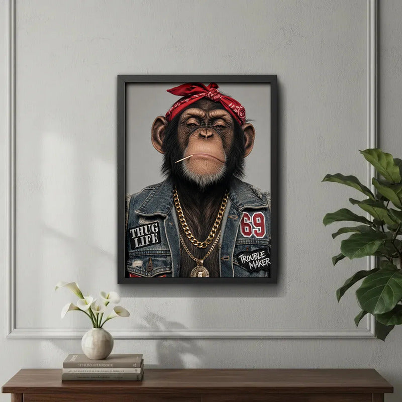Cuadro Mono Rap Con Cadena De Oro Chimp Estilo Gánster Marco Negro