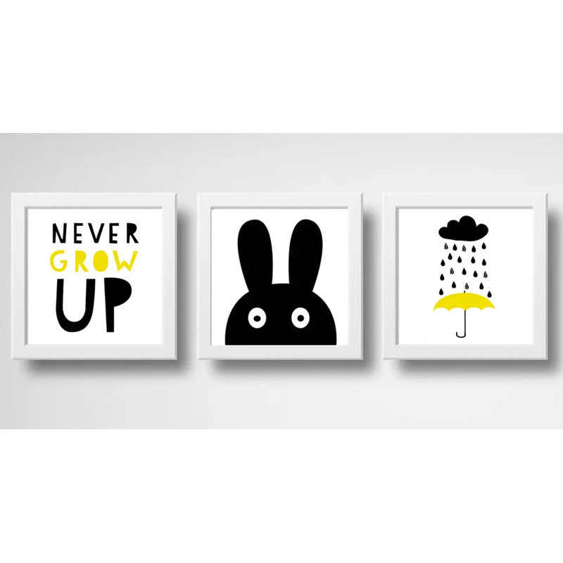 Set 3 Cuadros Conejito Frase Art Minimalista Dormitorio Niño Marco Blanco