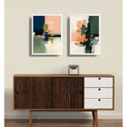 Set 2 Cuadros Dormitorio Living Abstracto Arte Verde Durazno Marco Blanco