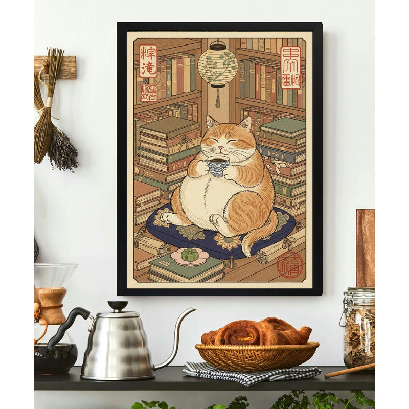 Cuadro Gato Cafe Wagashi Neko Libros Art Japón Living Cocina Marco Negro