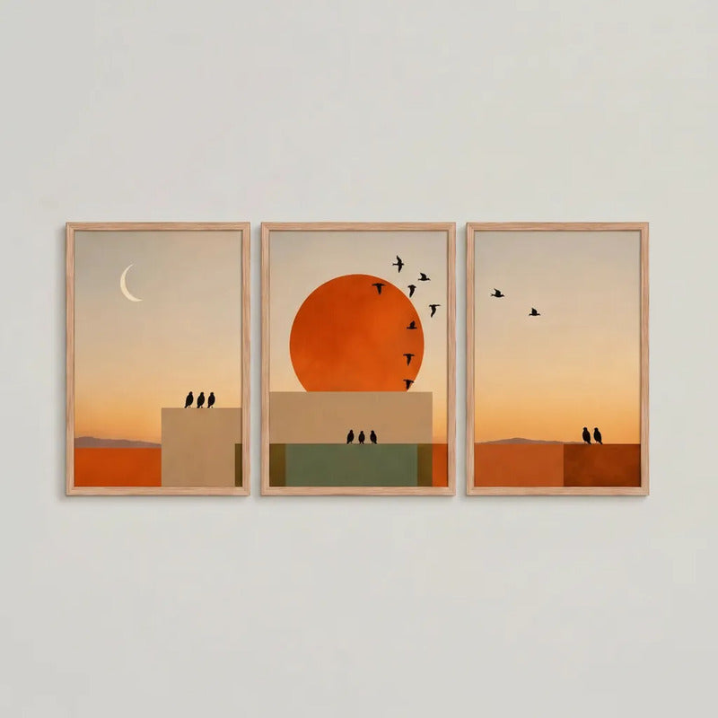 Set 3 Cuadros Dormitorio Living Boho Arte Abstracto Triptico Marco Marrón Claro