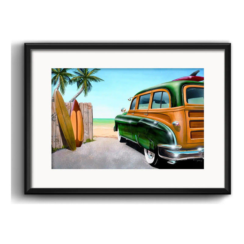 Cuadro Auto Vintage Surf Tabla Retro Playa Mar Con Paspartu Marco Negro