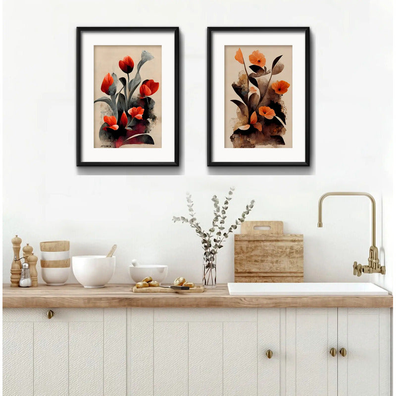 Set 2 Cuadros Flores Tulipanes Calidad Museo Con Paspartú Marco Negro