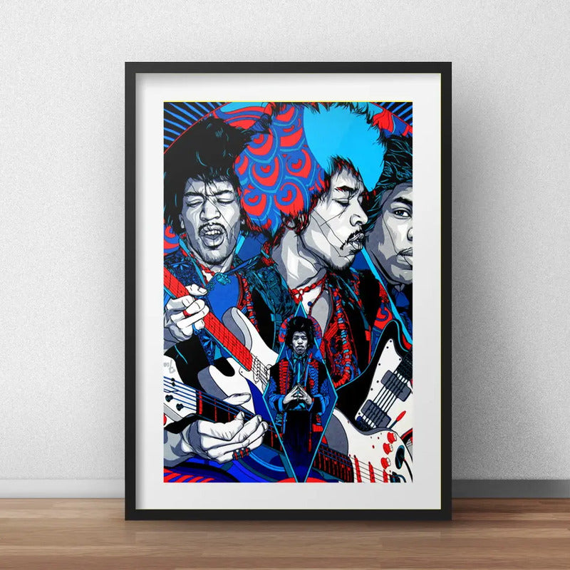 Cuadro Jimi Hendrix Psicodélico Rock Decoracion Con Paspartú Marco Negro