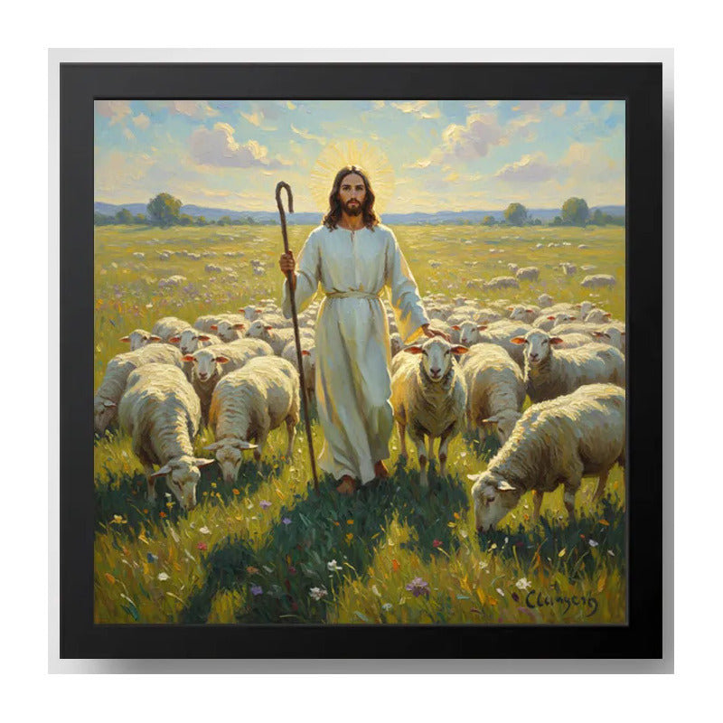 Cuadro Jesús Cristo El Buen Pastor Arte Rebaño Ovejas Marco Negro