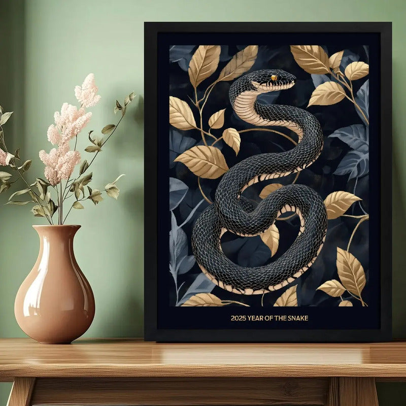 Cuadro Serpiente Dorada Hojas Botanico Año De La Serpiente 1 Serpiente Dorada Botanico Marco Negro