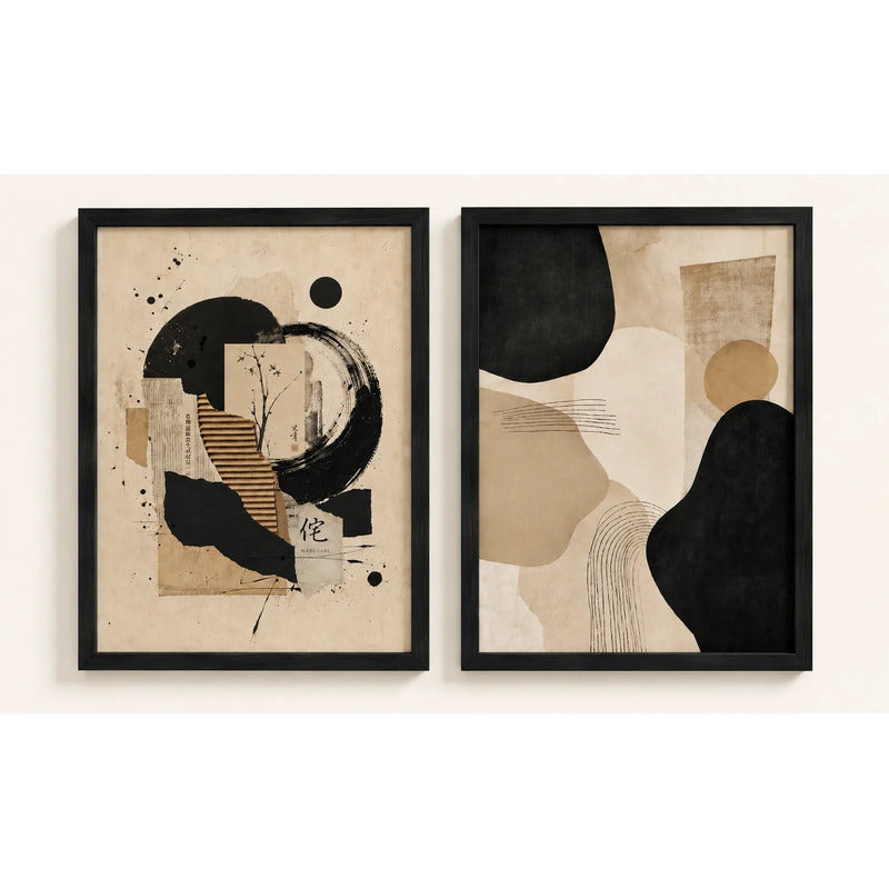 Set 2 Cuadros Boho Arte Abstracto Beige Crema Decora Living Marco Negro