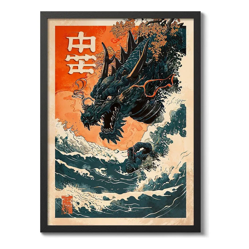 Cuadro La Gran Ola Dragón Arte Japonés Anime Decoracion Dragón Japón 2 Marco Negro
