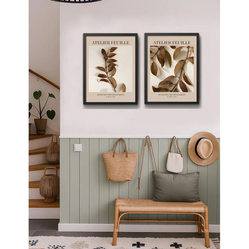 Set 2 Cuadros Dormitorio Living Tonos Marron Hojas Botanico Marco Negro