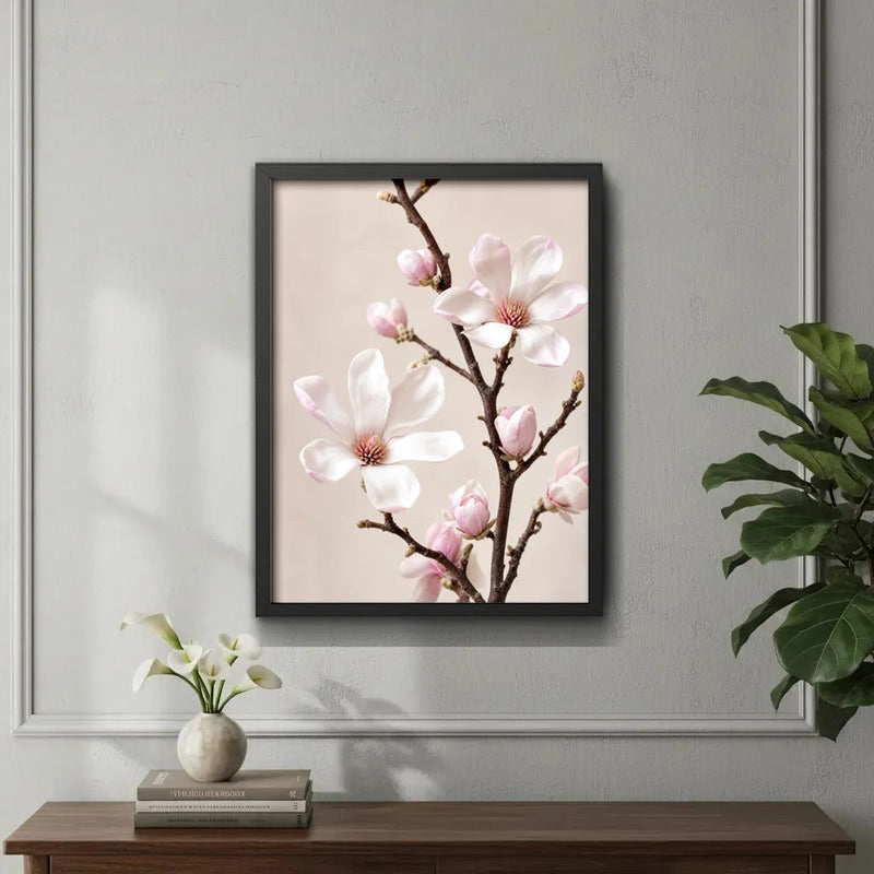 Cuadro Dormitorio Living Flores Rosa De Primavera Magnolia 3 Marco Negro