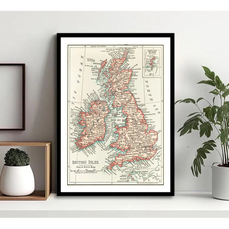 Cuadro Mapas Del Mundo Mapamundi Cartografia Vintage Arte Mapa Histórico Islas Británicas 1900 Con Marco Negro