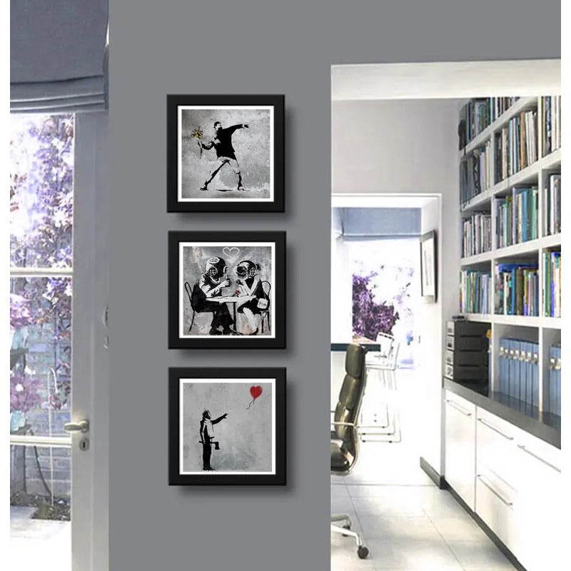 Set 3 Cuadro Banksy Arte Urbano Callejera Flores Revolucion