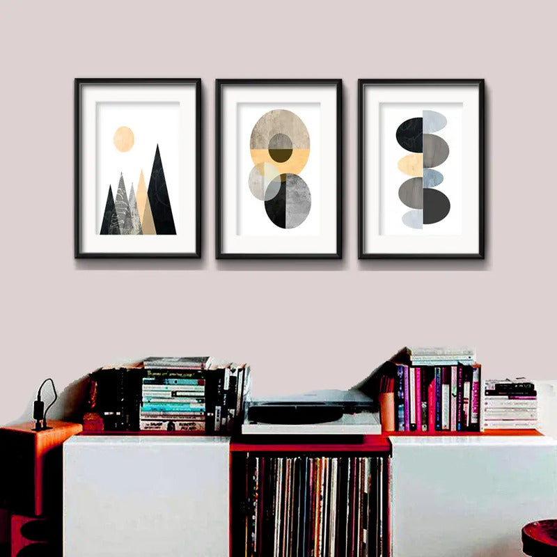 Set 3 Cuadros Geometrico Escandinavo Color Brs1 Con Paspartu Marco Negro