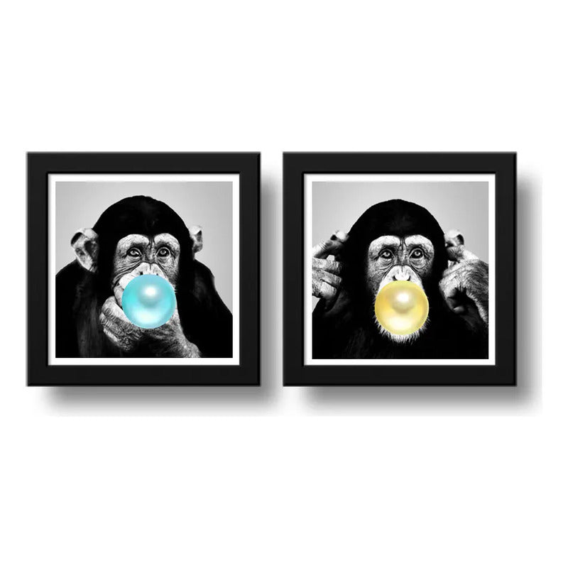 Set 2 Cuadros Monos Chicle Pop Art Colores Chimpancé Goma