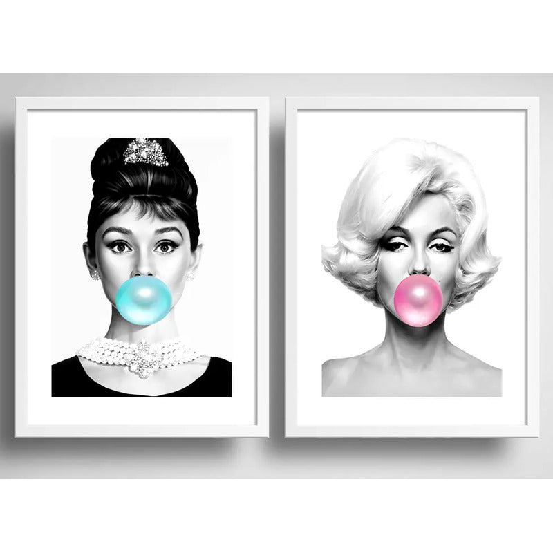 Set 2 Cuadros Monroe Hepburn Blanco Y Negro Chicle Paspartu