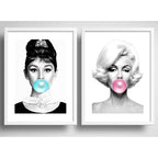Set 2 Cuadros Monroe Hepburn Blanco Y Negro Chicle Paspartu
