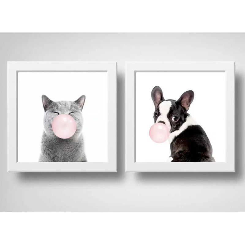 Set 2 Cuadros Perro Gato Chicle Mascota Pet Decoracion Hogar