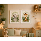 Set 2 Cuadros Dormitorio Infantil Animalitos Tonos Suaves Marco Blanco