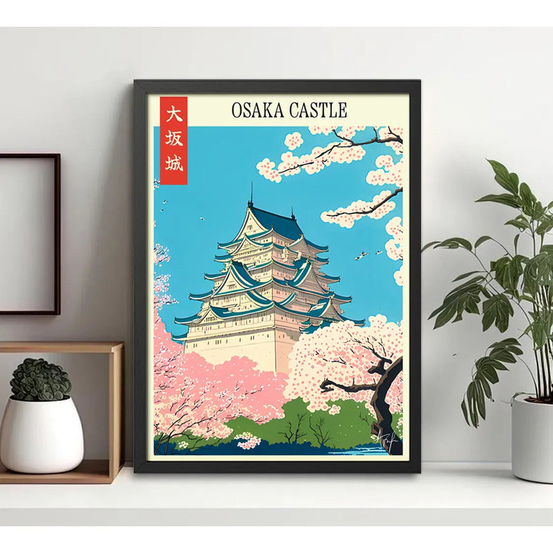 Cuadro Living Dormitorio Castillo Osaka Flores Arte Japonés Marco Negro