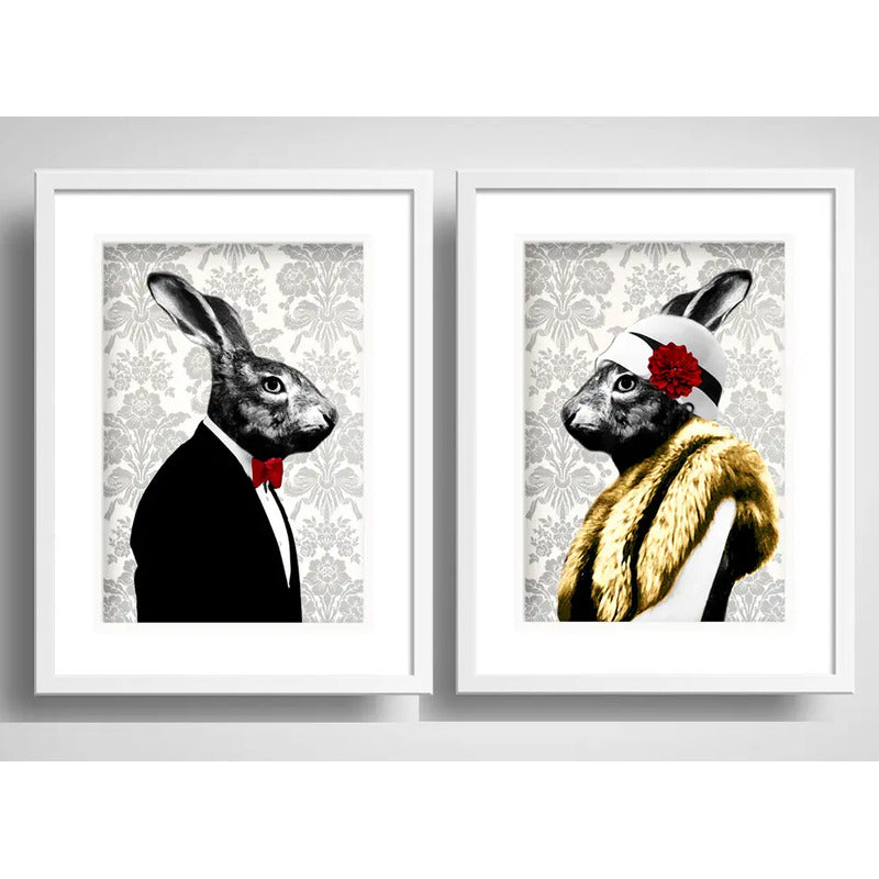 Set 2 Cuadros Pareja Conejo Vintage Retro 2 Mascota Paspartu