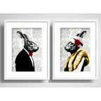 Set 2 Cuadros Pareja Conejo Vintage Retro 2 Mascota Paspartu