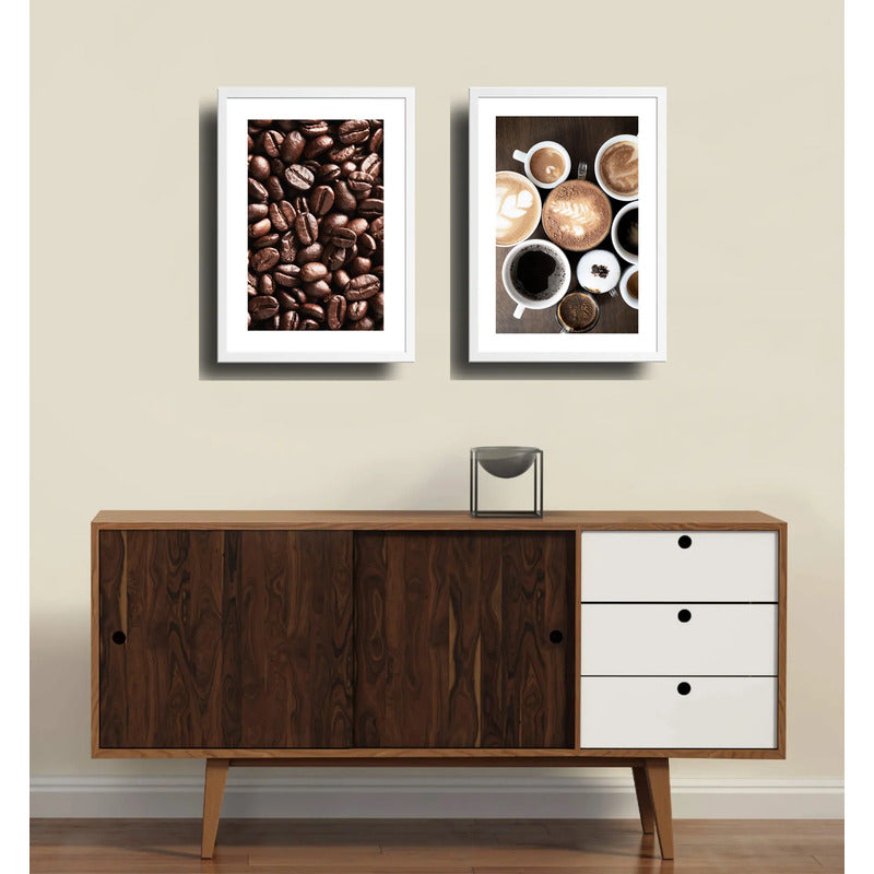 Set 2 Cuadros Café Tipos Grano Recetas Bebidas Coffee Cocina Marco Blanco