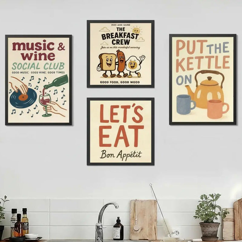 Wall 4 Cuadros Para Cocina Comedor Living Decoracion Moderna Frases Retro Vino Mate Te Desayuno Bon Appetit Con Marco Negro
