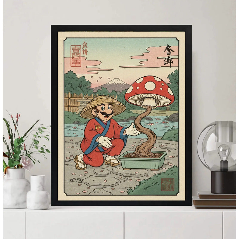 Cuadro Mario Jardinero Hongos Bonsai Cucumelo Japón Game Marco Negro