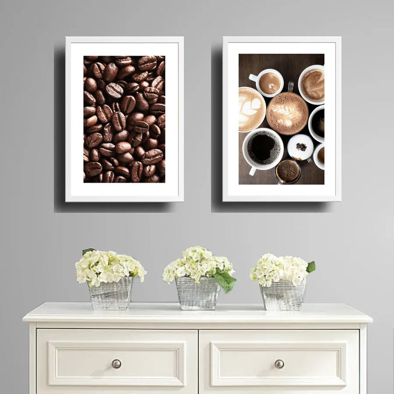 Set 2 Cuadros Café Tipos Grano Recetas Bebidas Coffee Cocina Marco Blanco