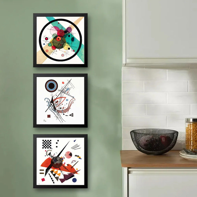Set 3 Cuadros Kandinsky Arte Abstracto Bauhaus Geometrico Marco Negro