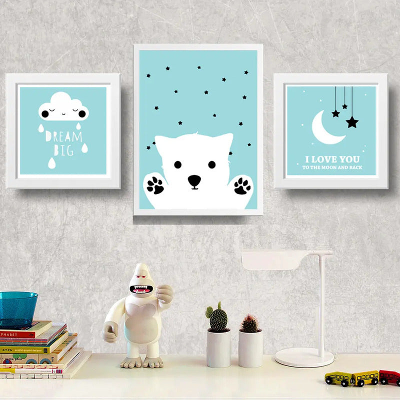 Set 3 Cuadros Dream Big Frase Luna Star Dormitorio Infantil