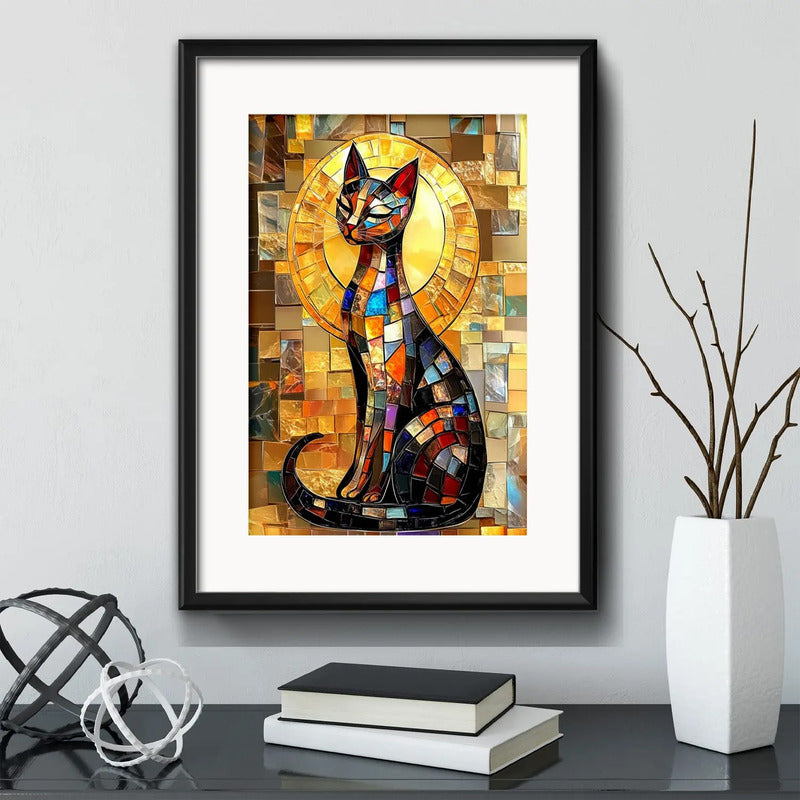 Cuadro Gato Geometrico Abstracto Decoracion Con Paspartú Marco Negro