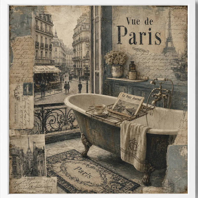 Cuadro Para Decoracion Bano Paris Retro Banera 33x33cm Marco Blanco