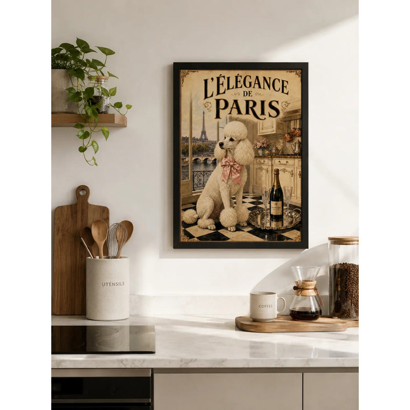 Cuadro Elegace Paris Poodle Perro Champagne Cocina Living Marco Negro