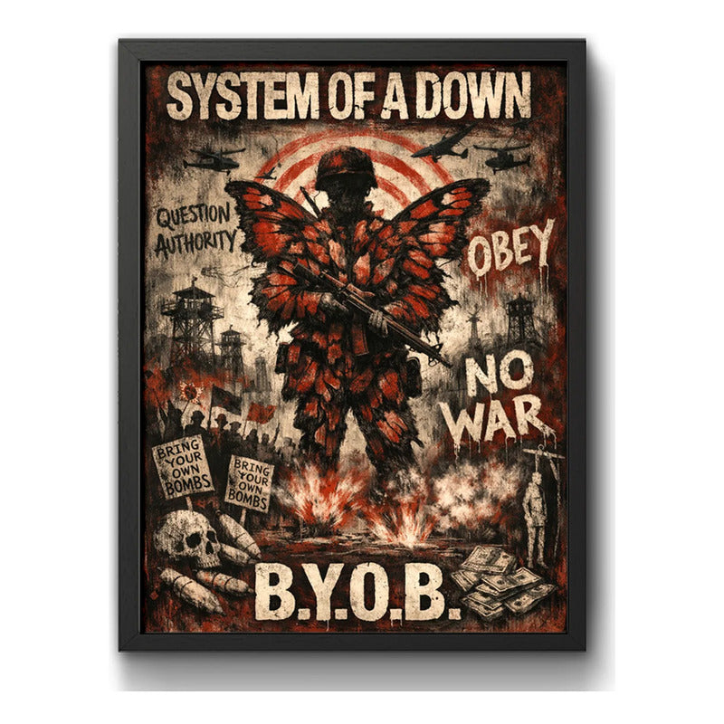 Cuadro System Of A Down Metal Rock Arte Retro Letra B.y.o.b. Marco Negro