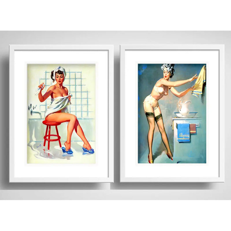 Set 2 Cuadros Pin Ups Baño Retro Decoracion Con Paspartú