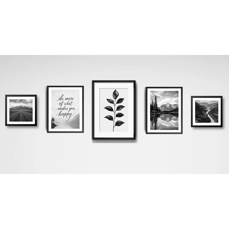 Set 5 Cuadros Living Escalera Pasillo Paisajes Blanco Negro Marco Negro