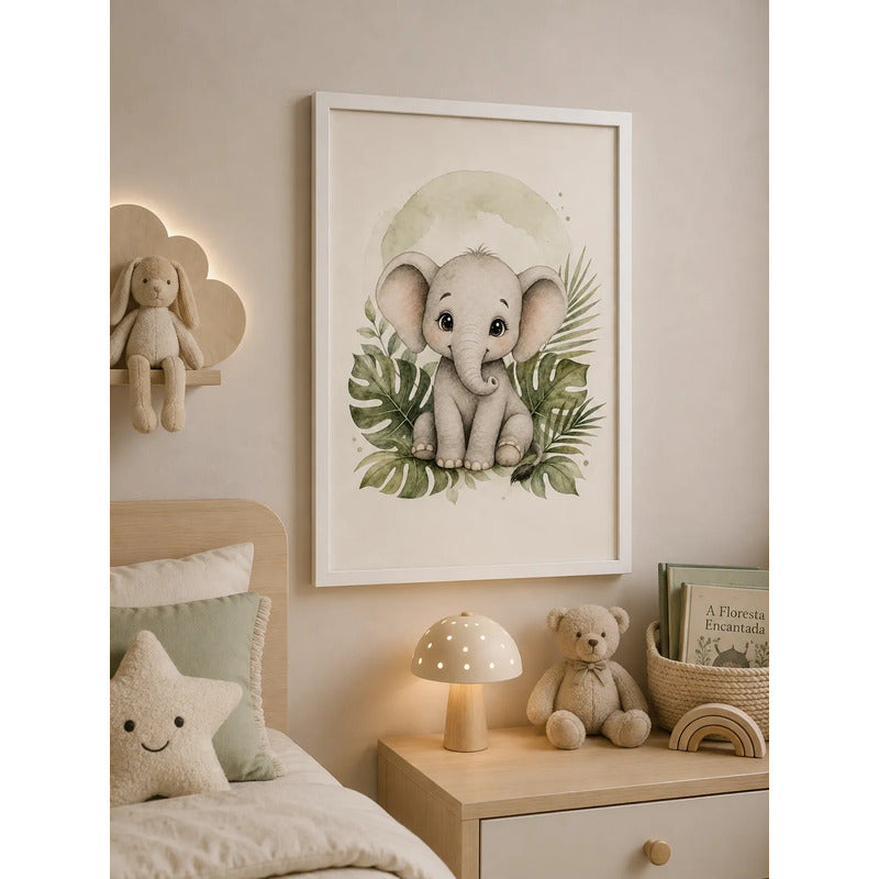 Cuadro Elefante Decoracion Dormitorio Infantil Tonos Suaves Marco Blanco