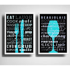 Set 2 Cuadros Cocina Gourmet Azul Vinos Kitchen Decoración