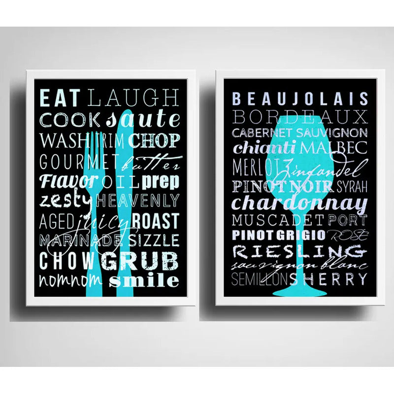 Set 2 Cuadros Cocina Gourmet Azul Vinos Kitchen Decoración