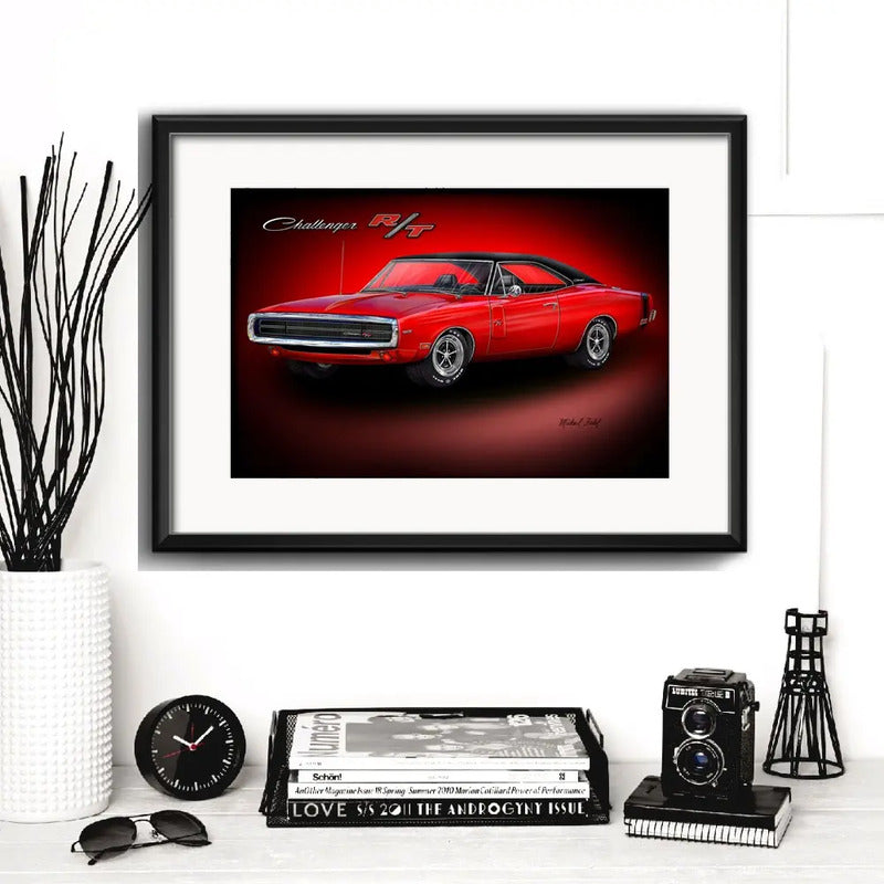 Cuadro Autos Antiguos Modelos Marcas Retro Arte Con Paspartu Dodge Challenger Rt Con Marco Negro