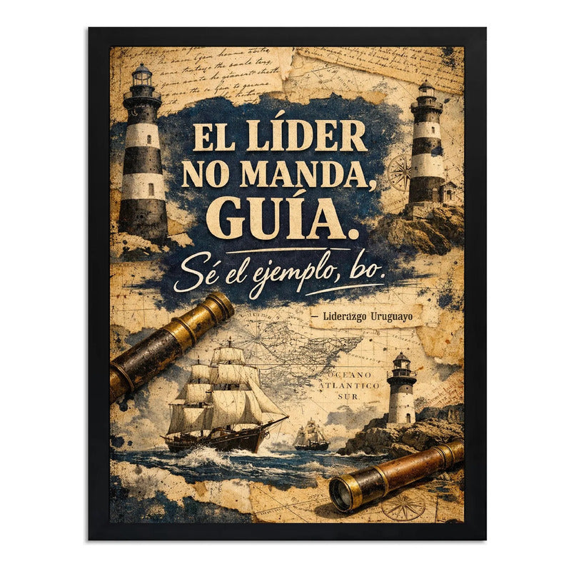 Cuadro Frase Motivacional Retro Coach El Líder No Manda Guía Marco Negro