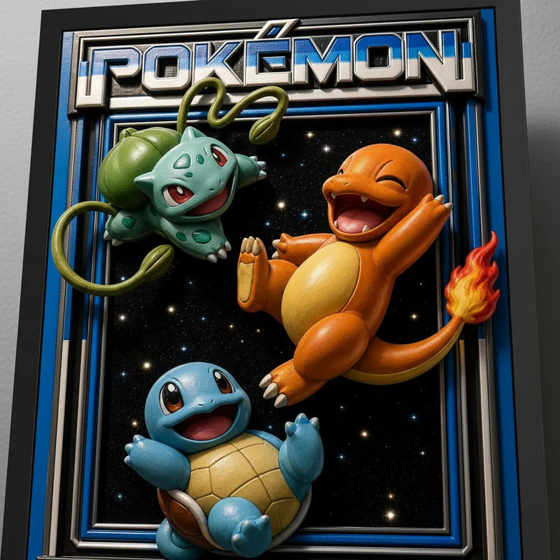 Cuadro Pokemon Ready To Battle Arte 3d Anime Mangá Geek Marco Negro