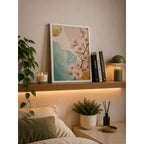 Cuadro Living Dormitorio Hojas Cerezo Aguamarina Dorado Marco Blanco