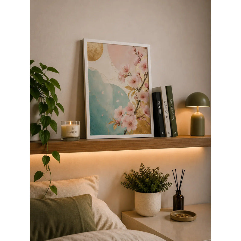 Cuadro Living Dormitorio Hojas Cerezo Aguamarina Dorado Marco Blanco